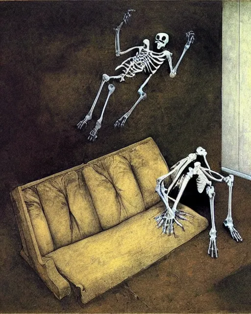 Image similar to a dead couple sitting on an old couch in an old apartment with dog skeleton on floor,  Francisco Goya painting, part by Beksiński and Gerhard Richter. art by Takato Yamamoto, Francis Bacon masterpiece