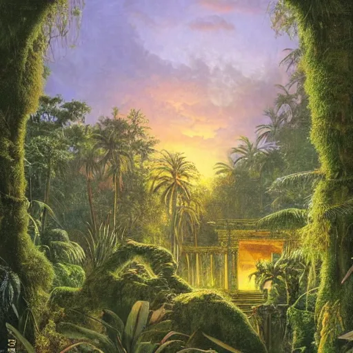 Prompt: a jungle temple surrounded by moss and tropical flowers, with a sunset, by alex horley