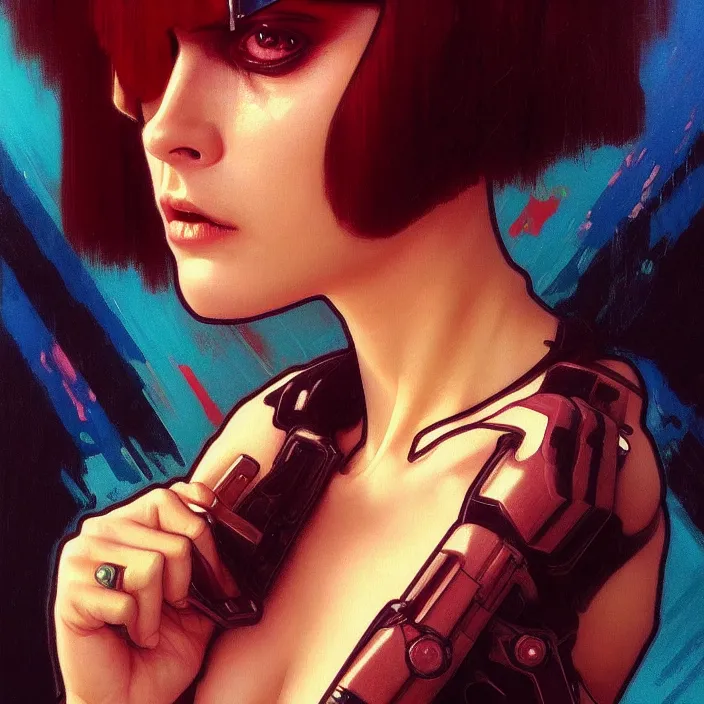 Image similar to excellent painted portrait of a replicant from blade runner (1982), cyberpunk art, character artwork, 8k resolution artwork, trending on artstation, detailed oil painting portrait, art by artgerm and greg rutkowski and alphonse mucha and craig mullins and James Jean and Andrei Riabovitchev and Marc Simonetti and peter mohrbacher