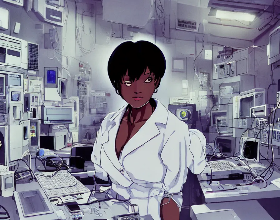 Image similar to dark skin woman wearing a white lab coat with a blue haircut, connected to wires, surrounded by 1 9 8 0 s computers, in the style of serial experiments lain and evangelion 1 9 9 5, dynamic lighting, dark ambience, cell - shaded, detailed face, retro tech