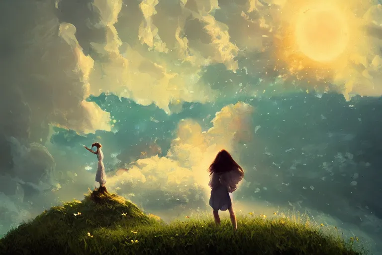 Image similar to giant white daisy flower under the head, girl standing on cliff, surreal photography, solar eclipse, milky way, dramatic light, impressionist painting, clouds, digital painting, artstation, james gilleard, liam wong, jeremy mann, simon stalenhag