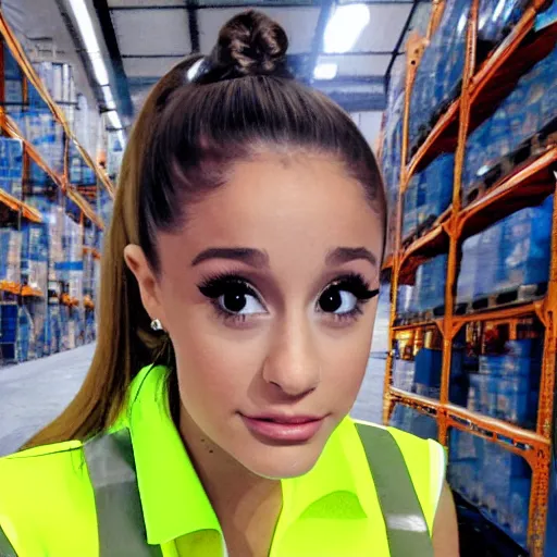 Image similar to photo, close up, ariana grande in a hi vis vest, in warehouse, android cameraphone, 2 6 mm,