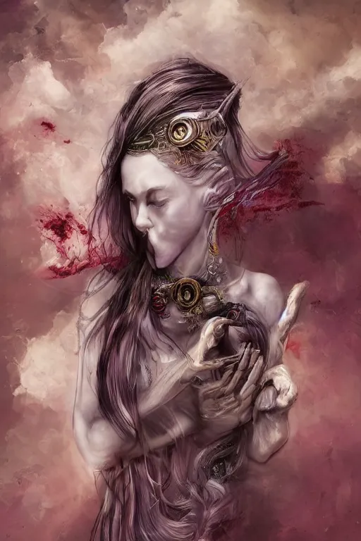 Image similar to A girl with a marble face, flowing silver-violet hair, stands with her arms spread out against the background of a blood-purple cloud in golden light, red streams flow through her body, skulls and bones of hands crawl out of the ground, dark red drops fly around, Anachronism, painting, dark fantasy, steampunk, 4k