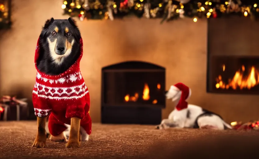 Prompt: ultra detailed studio photography of a dog wearing a woolen christmas sweater with a fireplace background, detailed face, cinematic lighting, 8 k