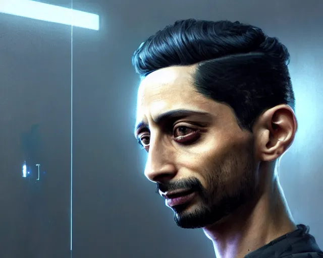 Image similar to highly detailed portrait of riz ahmed as an android, in detroit : become human, stephen bliss, unreal engine, fantasy art by greg rutkowski, loish, rhads, ferdinand knab, makoto shinkai and lois van baarle, ilya kuvshinov, rossdraws, tom bagshaw, global illumination, radiant light, detailed and intricate environment