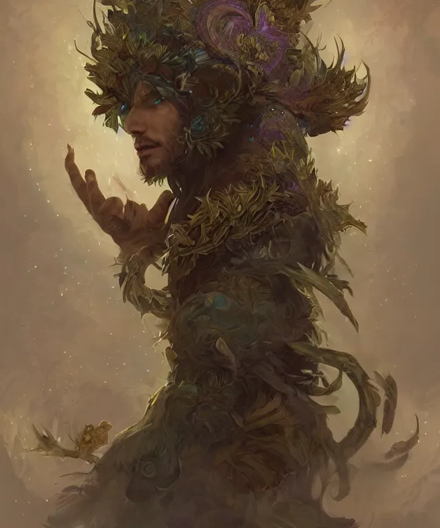 Image similar to a male spore druid with fractal themed clothing, fully clothed, pet animal, D&D, fantasy, intricate, cinematic lighting, highly detailed, digital painting, artstation, concept art, smooth, sharp focus, illustration, art by Artgerm and Greg Rutkowski and Alphonse Mucha