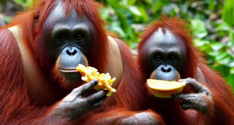 Image similar to a orangutan eating a big mac, holding a drink in its hand