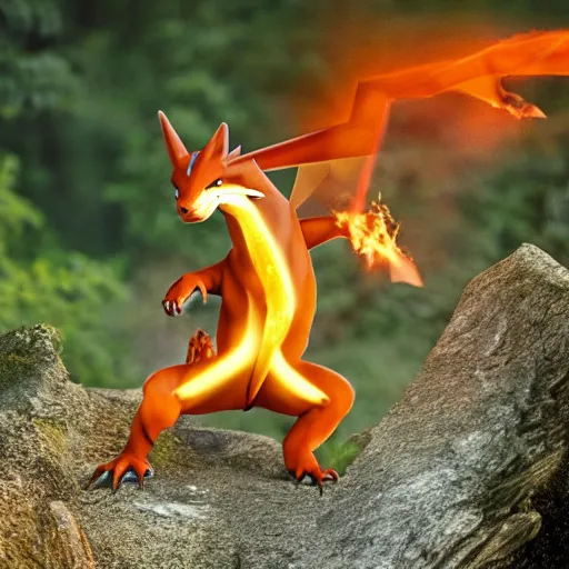 Image similar to realistic national geographic professional photo of charizard in the wild, award winning