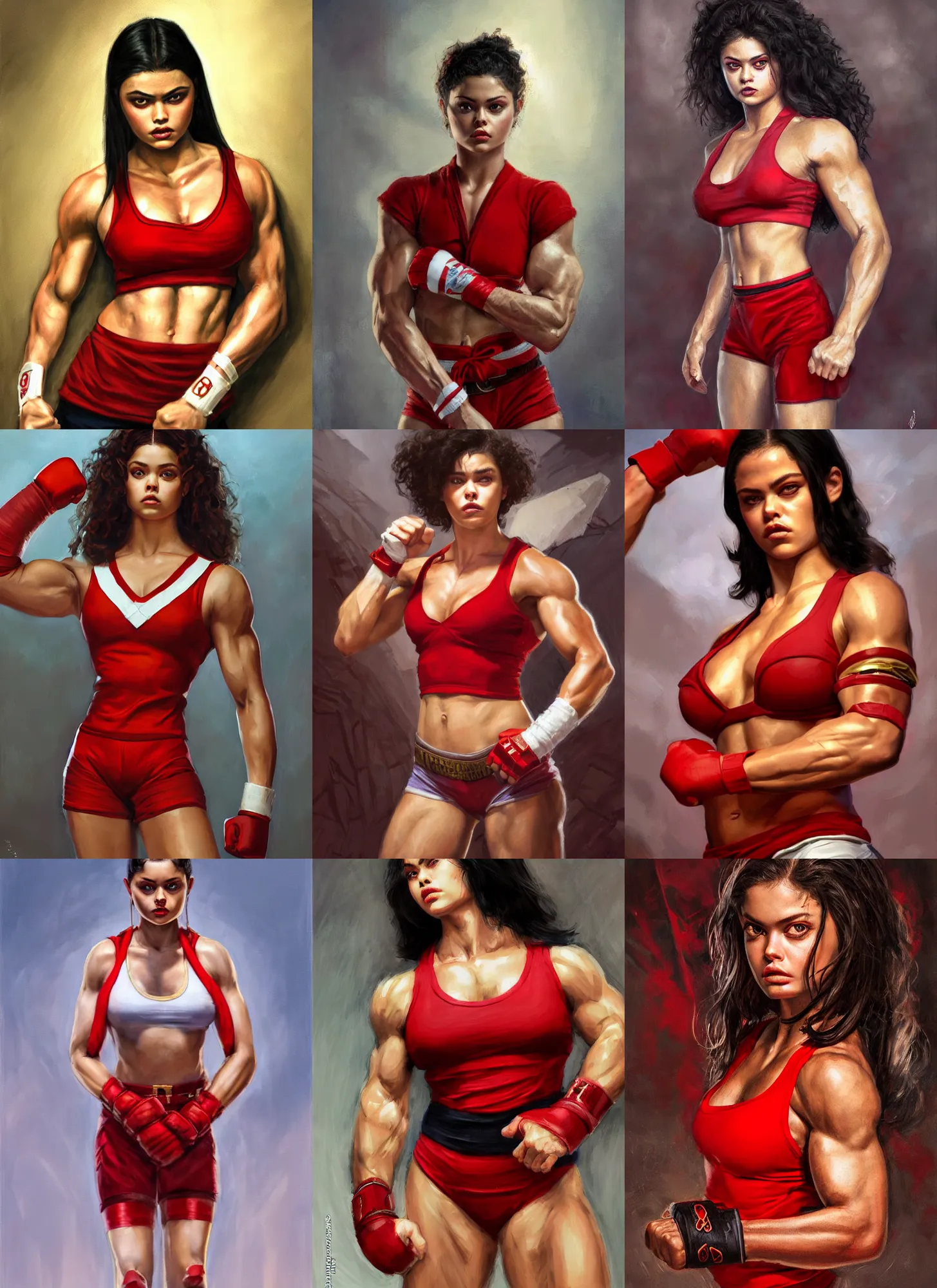 Prompt: a portrait of odeya rush, muscular, wearing red attire, white bandages on fists, wearing red tanktop with gold lining, black hair, short - medium length hair, serious, style by donato giancola, wayne reynolds, jeff easley dramatic light, high detail, cinematic lighting, artstation, dungeons and dragons