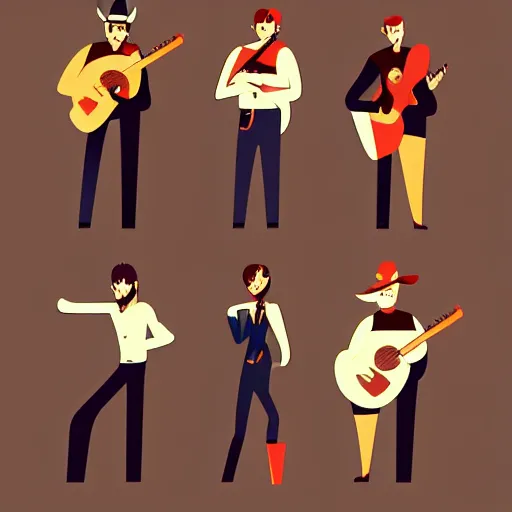 Image similar to 2 d character design, music group, vector art, digital art, portrait, 4 k, 8 k, sharp focus, smooth, illustration, concept art, country band