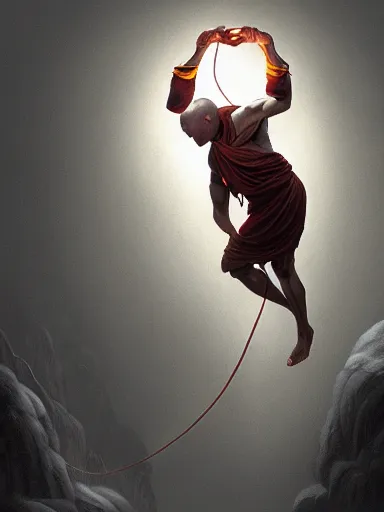 Image similar to a monk, tied upside down, enlighted by god. intricate, elegant, highly detailed, digital painting, artstation, concept art, sharp focus, illustration, by justin gerard and artgerm, 8 k