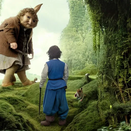 Image similar to a british lad as Bartook a teen hobbit with short curly dark brown hair wearing a blue vest with a white sash standing next to a giant rabbit, high resolution film still, movie by Peter Jackson