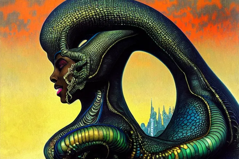 Prompt: realistic extremely detailed closeup portrait painting of a beautiful black woman wearing futuristic dress, mutant dragon and a single old house on background by Jean Delville, Amano, Yves Tanguy, Alphonse Mucha, Ernst Haeckel, Edward Robert Hughes, Roger Dean, rich moody colours