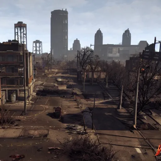 Image similar to Dublin in ruins post-nuclear war in Fallout 4, in game screenshot