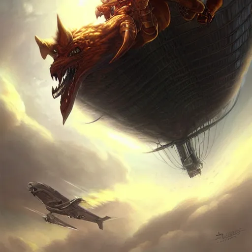 Image similar to an airbeast attacking an airship, highly detailed, digital painting, artstation, concept art, sharp focus, illustration, art by artgerm and greg rutkowski and gustave dore