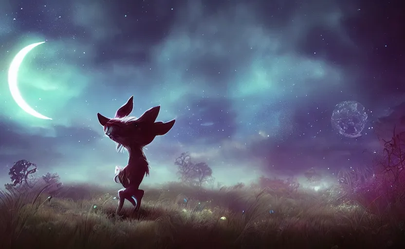 Prompt: a whimsical magical glowing creature in a night field, beautiful, cool dynamic lighting, moonlight, atmospheric, cinematic, highly detailed digital art