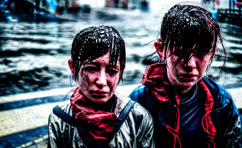 Prompt: cinestill 5 0 d candid photographic portrait by helen levitt of two cyborgs wearing rugged white mesh techwear in treacherous waters, extreme closeup, modern cyberpunk moody depressing cinematic, pouring rain, 8 k, hd, high resolution, 3 5 mm, f / 3 2, ultra realistic faces, ex machina