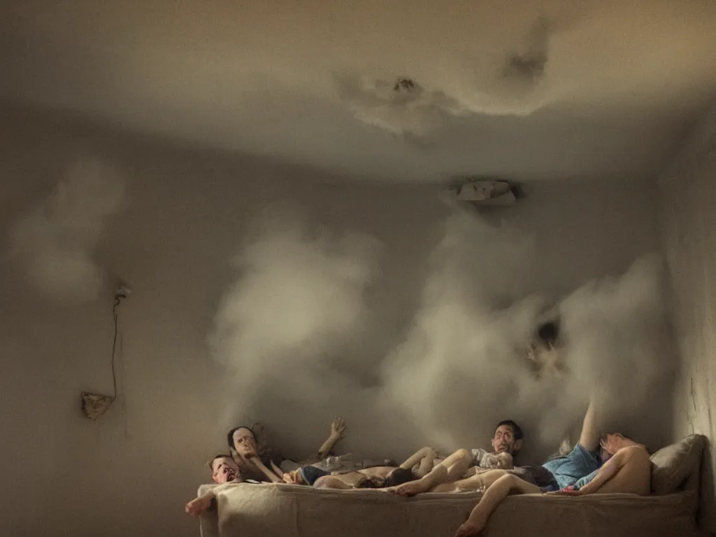 Image similar to a photograph of a man and a woman in a disgustingly filthy vomit filled apartment, submerged in vomit, they are mouldy and obviously intoxicated. they have merged with the walls and ceiling, levitating above a cloud of nebulous dogs