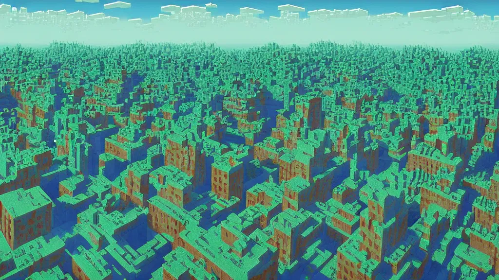 Prompt: Surrealist digital painting of a minecraft End City by René Magritte