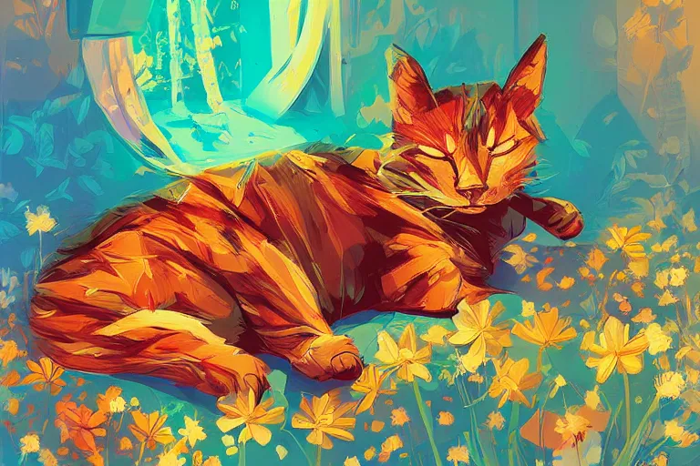 Prompt: a digital art of a cat sleeping in the room with flowers around in the afternoon, the sun shines in, animal, light effect, highly detailed, by anton fadeev