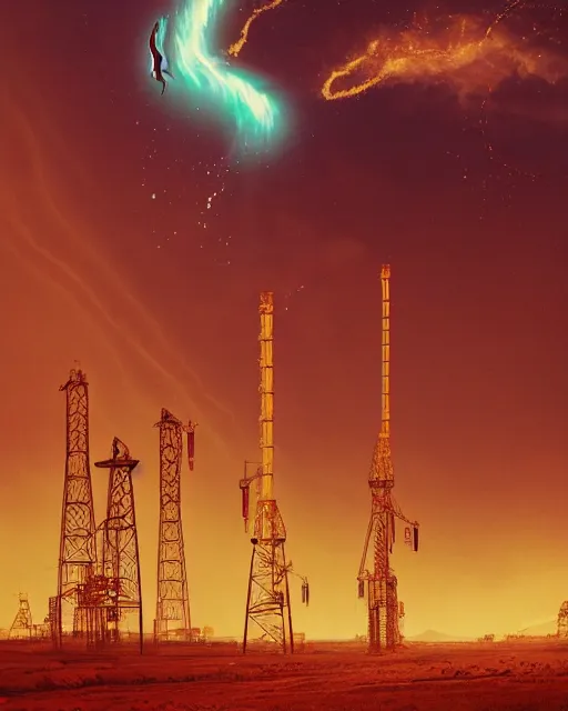 Image similar to a glowing female spirit of mother nature screams out in agony. drilling rigs bore into the earth in the background. wide shot, detailed, sharp, 8 k, award winning digital art by beeple, national geographic, dlsr.