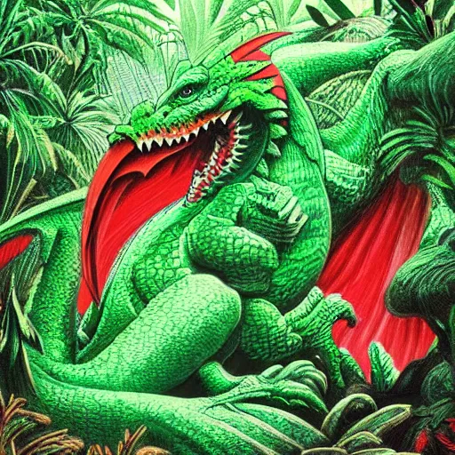 Prompt: a large gigantic green and red beautiful large dragon in a rain forest