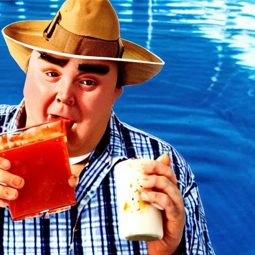 Image similar to john candy floating in pool of bbq sauce, holding up drink of bbq sauce, beckoning camera, drink rested on belly, bbq sauce heaven