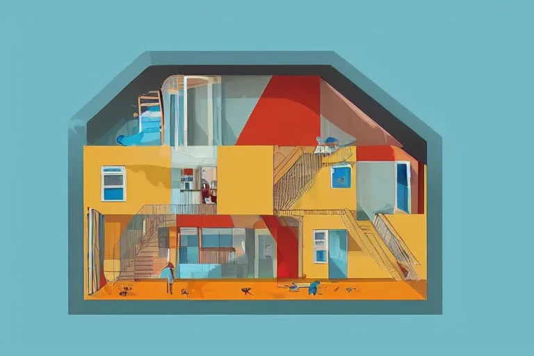 Image similar to a beautiful flat 2 dimensional illustration of a cross section of a house, a storybook illustration by muti and tim biskup, colorful, minimalism, featured on dribble, unique architecture, behance hd, storybook illustration, dynamic composition