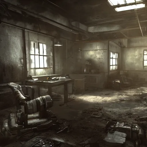 Image similar to fallout concept art school interior render grim realistic lighting unreal engine 5