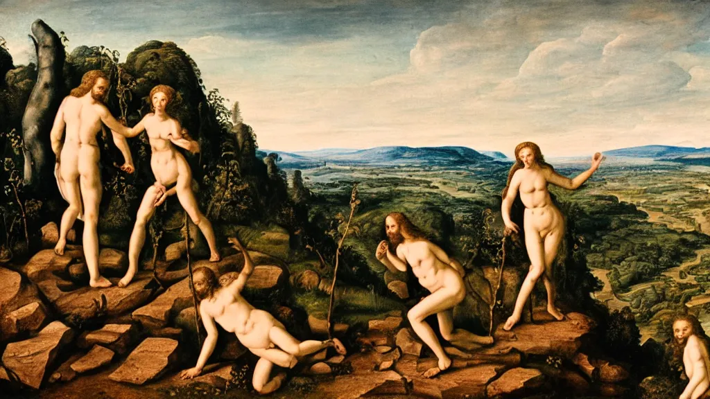 Image similar to Adam and eve going up the mountain, high detail, 8k, ornate, realistic, masterpiece, complex, wide angle, from a film Jodorowskys