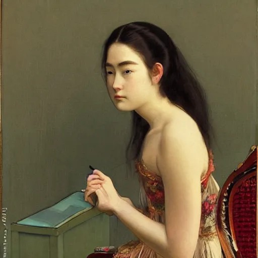 Prompt: painting by frederic edwin church, balaskas christoper, conrad roset, coby whitmore, and chie yoshii. of a beautiful japanese girl sitting on antique chair leaning against a desk, sideview, victorian room