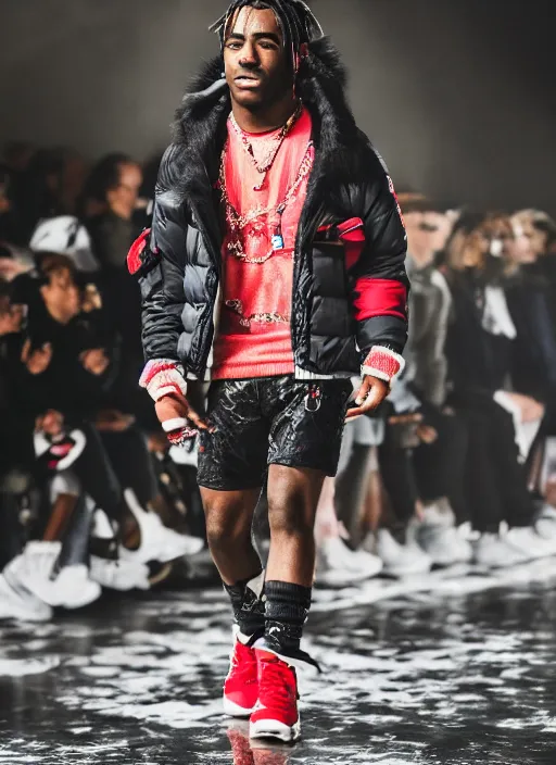 Image similar to hyperrealistic and heavy detailed moncler runway show of lil uzi vert, leica sl 2 5 0 mm, vivid color, high quality, high textured, real life
