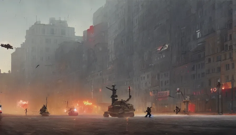 Image similar to warsaw downtown, soldiers and mech fight, simon stalenhag, 4 k, ultra detailed, explosions and smoke