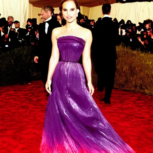 Image similar to enchanting Natalie Portman at the met Gala beautiful gown dress, 1999, cinematic quality, high octane