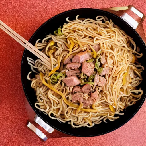 Image similar to a pot full of pork yakisoba inside a chinese restaurant, 4K photo, zoom, award winning, background blur