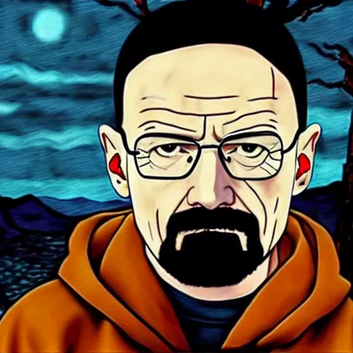 Prompt: walter white becomes naruto in horror film by van gough