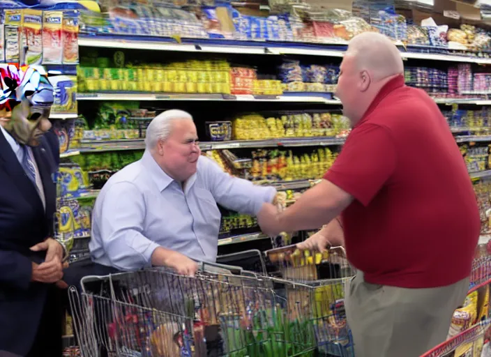 Image similar to Joe Biden punching a fat man at the supermarket, 8K, high quality, highly detailed