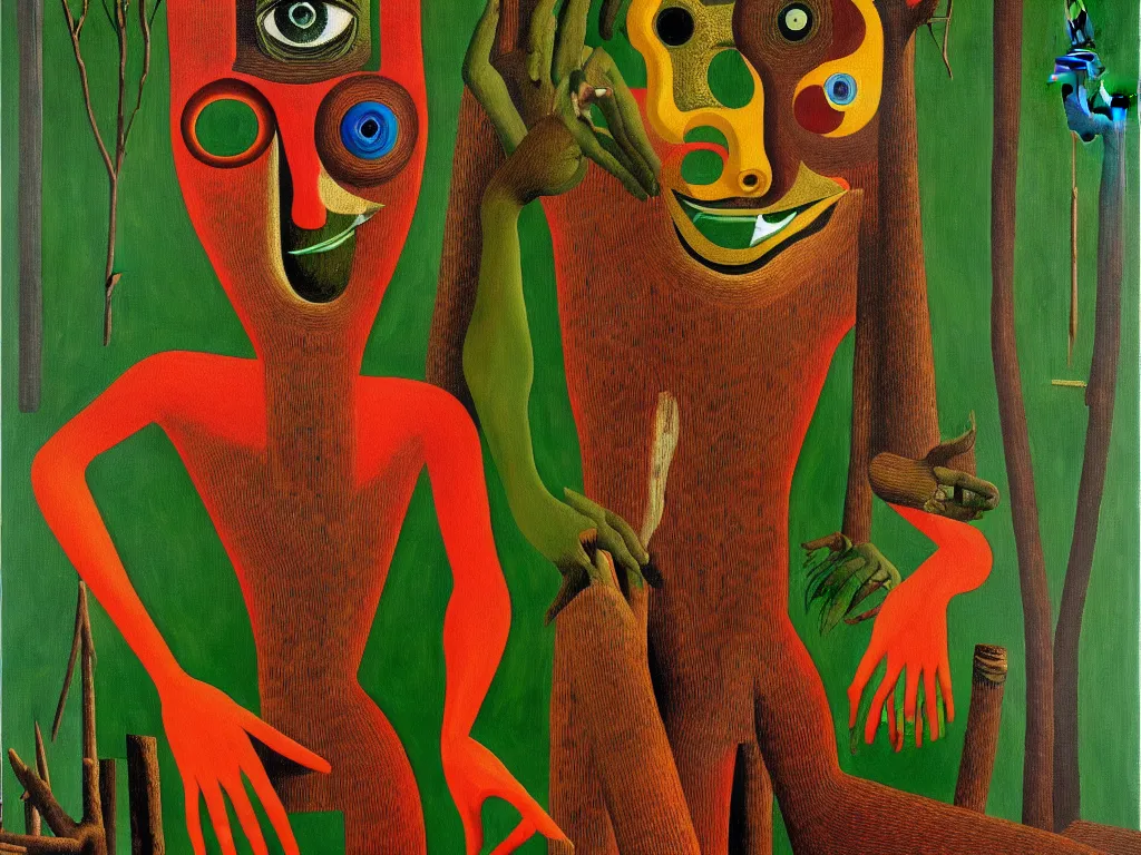 Image similar to a painting of a human with a hand face with a centered eye, mouth with sharp teeth centered on the neck, legs that melt into a forest, forest background, highly detailed, 4 k, art by max ernst