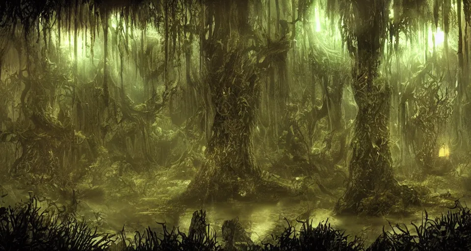 Prompt: A dense and dark enchanted forest with a swamp, from Guild Wars
