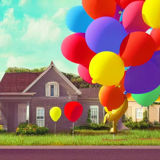 Prompt: a house being lifted by colourful balloons 8k 3D render pop surrealism digital art realistic oil painting