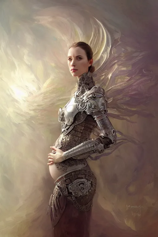 Image similar to ** professional portrait of pregnant peacefull cryogenic female dynamic pose , armor elements , long dark hair, beautiful bone structure, symmetrical facial features, intricate, elegant, digital painting, concept art, smooth, sharp focus, illustration, by Ruan Jia and Mandy Jurgens , and mucha, and Artgerm and William-Adolphe Bouguerea