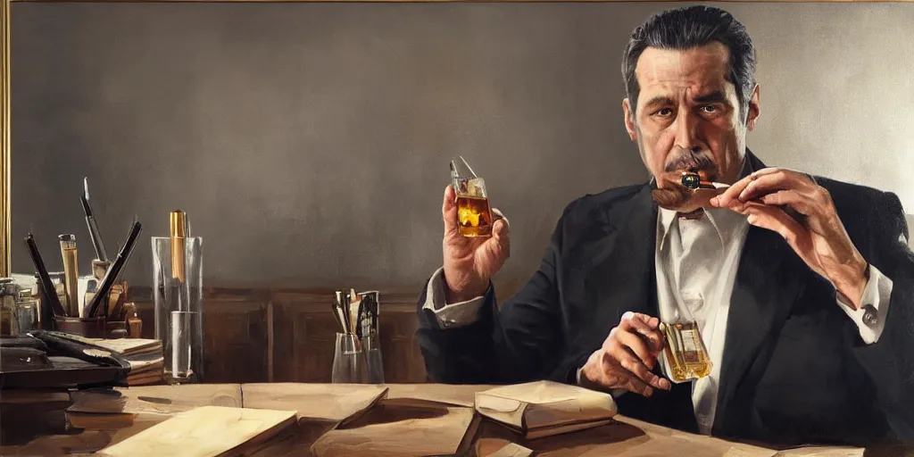 Image similar to beautiful oil matte portrait painting, mafia boss holding a cigar and drinking whiskey at his 5 0 s new york office desk, wonderful masterpiece highly detailed, beautiful cinematic light deep focus, elegant, digital painting, smooth, sharp focus, golden ratio, dramatic illumination, ultra realistic, 8 k, art by jimmy law