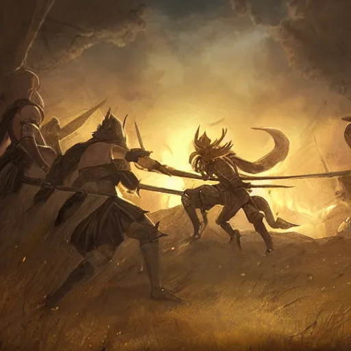 Image similar to high fantasy battle, sketch, dark, photorealistic, golden hour lighting