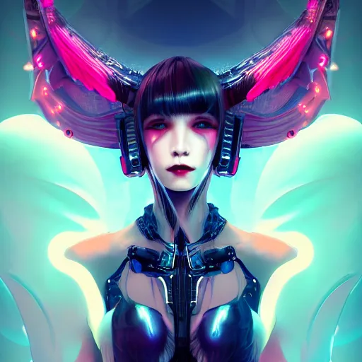 Image similar to portrait futuristic Devil Girl with horns and wings, in future cyberpunk tokyo rooftop , ssci-fi, fantasy, intricate, very very beautiful, elegant, human anatomy, neon light, highly detailed, digital painting, artstation, concept art, smooth, sharp focus, illustration, art by tian zi and WLOP and alphonse mucha