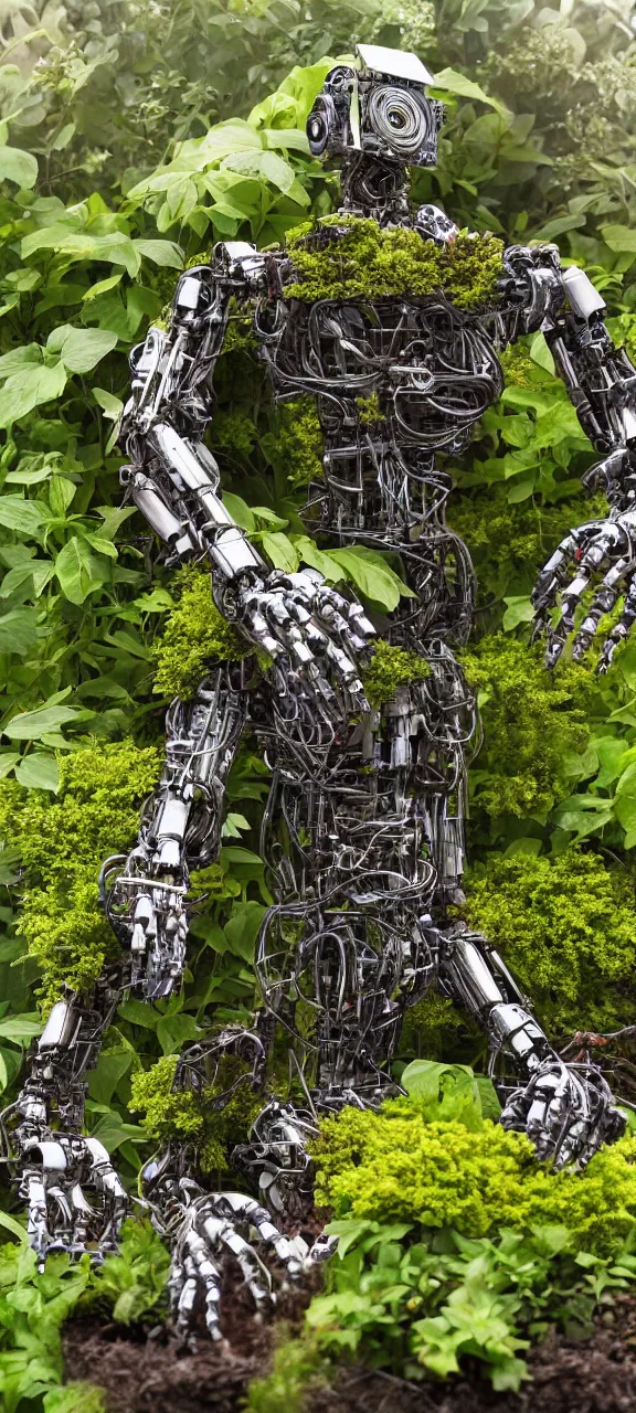 Prompt: robot body degraded and filled with plants, stunning, 4 k, detailed,