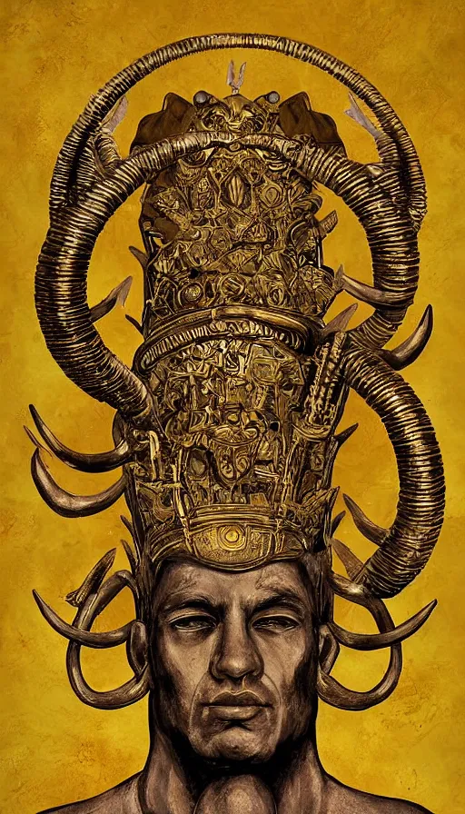 Prompt: the emperor, ram horns sprouting from his head, golden taurus, mars energy, ankh, wisdom, by daniel martin diaz