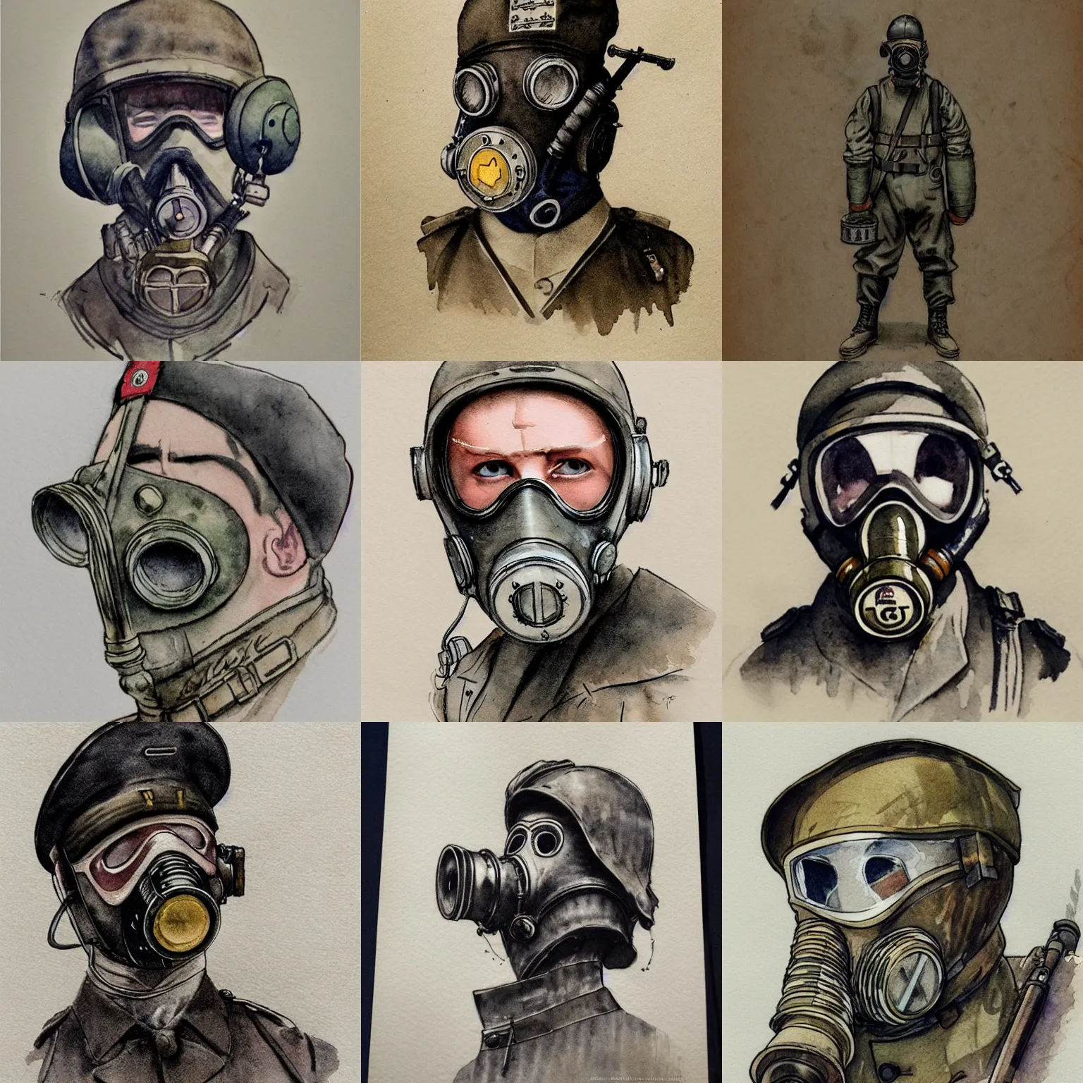 Prompt: beautiful aesthetic inspirational masterful professional ink pen and watercolor sketch of a 1 9 1 0 s soldier in gas mask, ultra detailed, fine details, trending on artstation, high quality paper