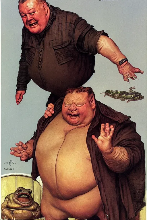 Image similar to dynamic upper body portrait of ray winstone as a toad hybrid and dressed as baron harkonnen, by norman rockwell and boris vallejo