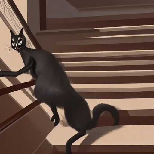 Image similar to wide shot of black cat walking down the stairs, outdoor, daytime, long shadows, highly detailed, warm colors, artstation, concept art, sharp focus, illustration, masterpiece