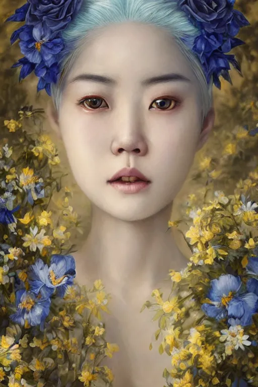 Prompt: a pale Chinese girl with white hair, floral crown, sad blue eyes, cinematic lighting, ultra detailed, highly detailed, sharp focus, golden background with flowers, golden jewellery with blue sapphires, photographic, art by artgerm and greg rutkowski and zdislav beksinski